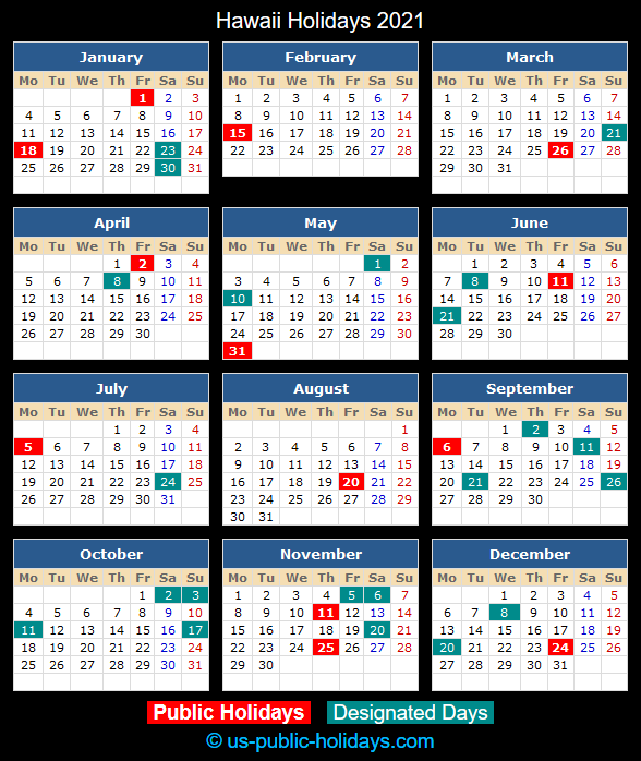 Hawaii Holiday Calendar 2021